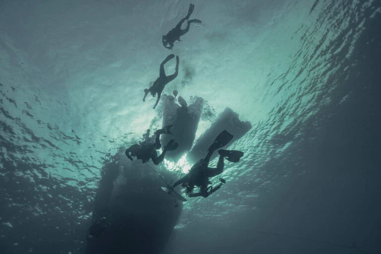 Divers seen from below, silhouetted against the light, swimming near a boat in clear water.