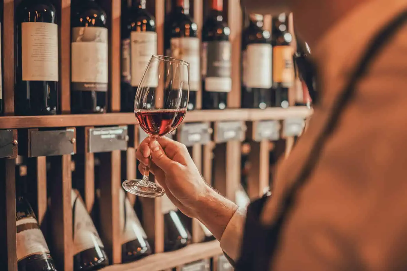 A person holds a glass of red wine in front of a wine rack filled with assorted bottles.