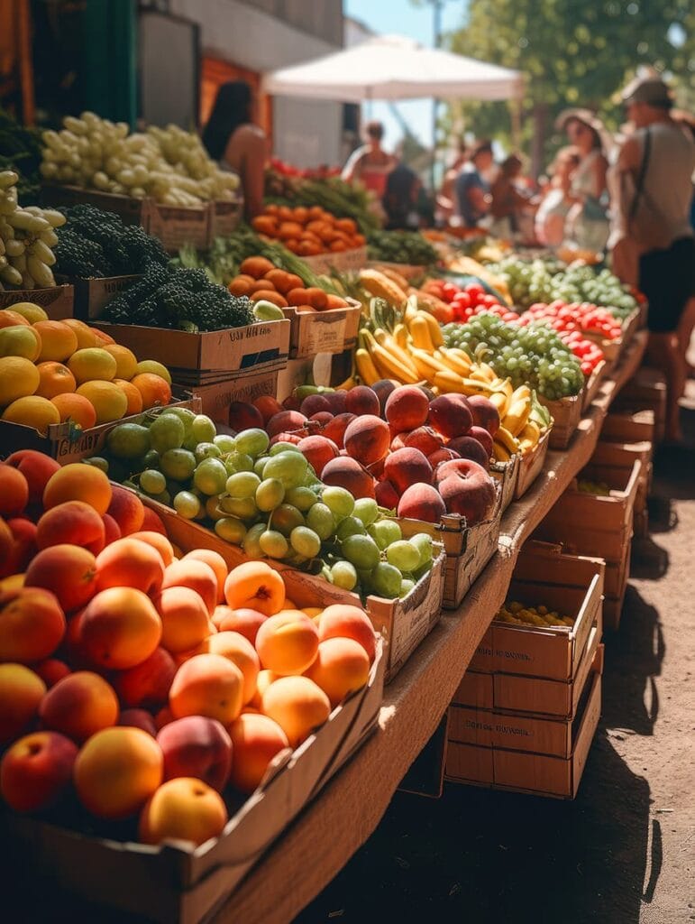 a farmer's market, lots of fresh fruits and vegetables, ai gener