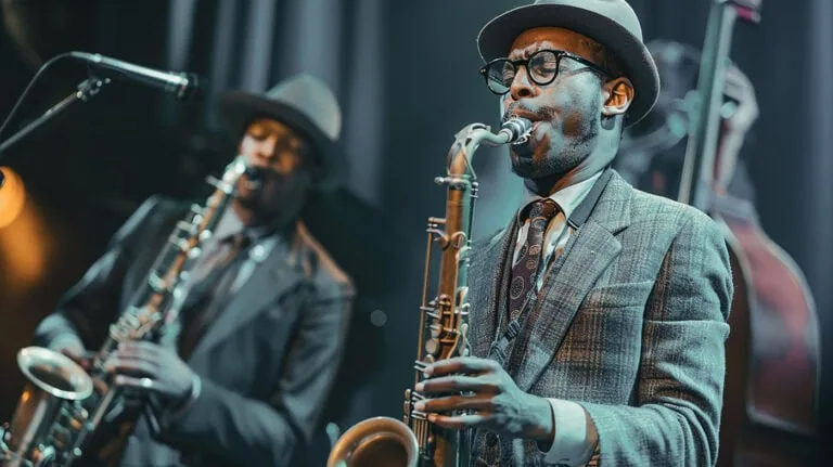 Two musicians playing saxophones on stage, both wearing suits and hats, with a microphone and double bass visible in the background.