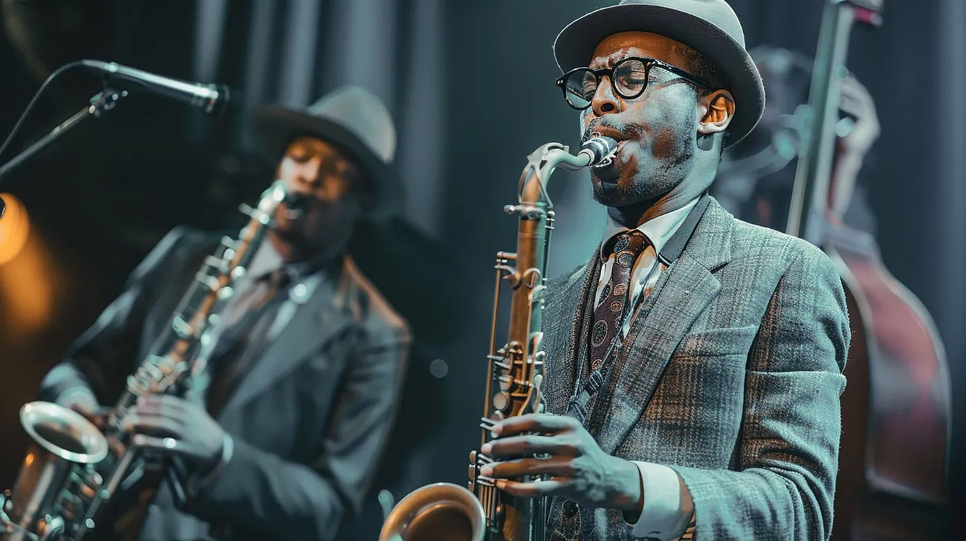 Two musicians playing saxophones on stage, both wearing suits and hats, with a microphone and double bass visible in the background.