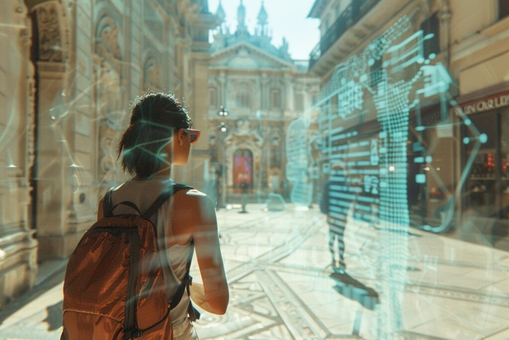 A person with a backpack walks through a historic city street with digital data and map graphics overlayed in the foreground.