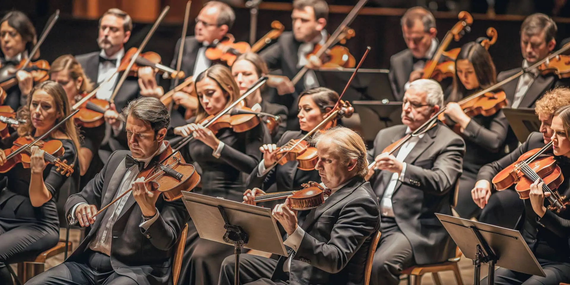 A symphony orchestra of violinists in formal attire play their instruments during a live concert performance.