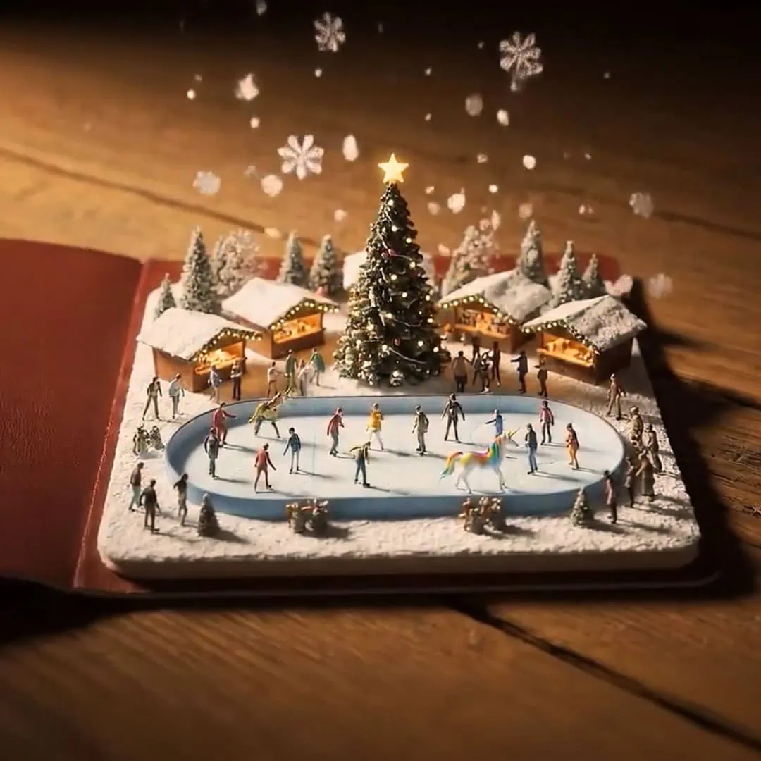 A miniature winter village scene with people ice skating around a Christmas tree, small houses, and falling snowflakes, all set on an open book.