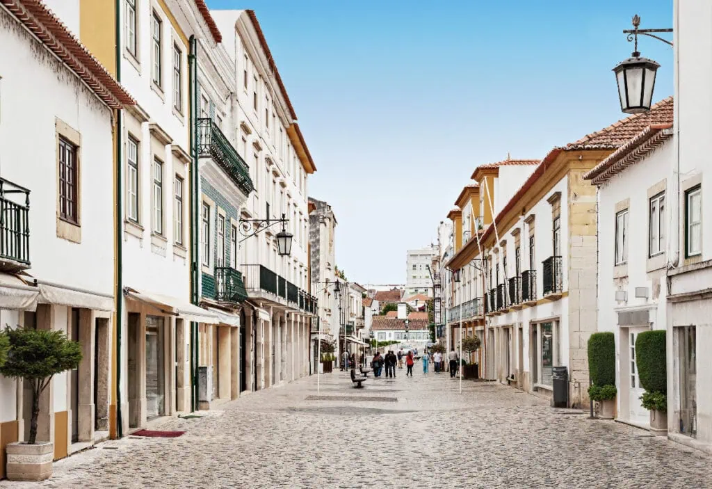 A cobblestone pedestrian street lined with historic buildings and a group of people walking in the distance under a clear blue sky.