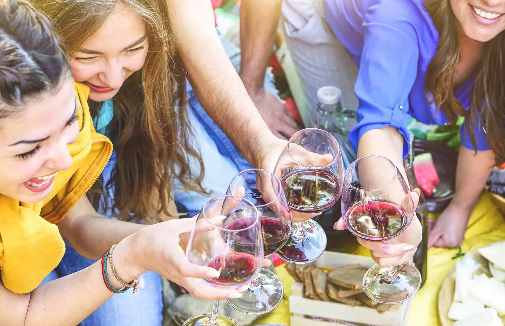 Group of people toasting with red wine glasses at an outdoor gathering.