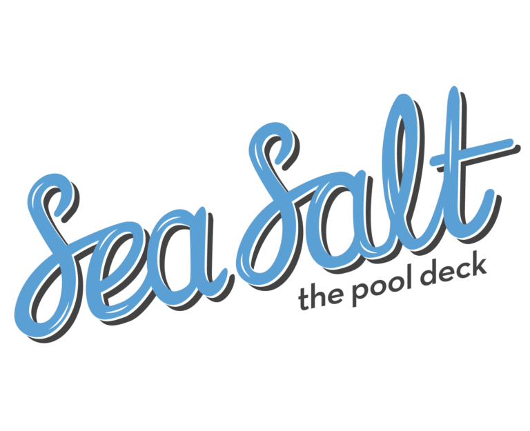 Sea Salt the pool deck" is written in cursive blue text with a shadow effect.