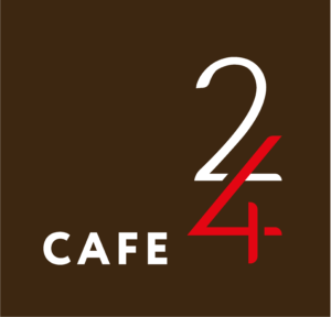 A brown square logo displays "Cafe 24" with "24" in white and red numerals.