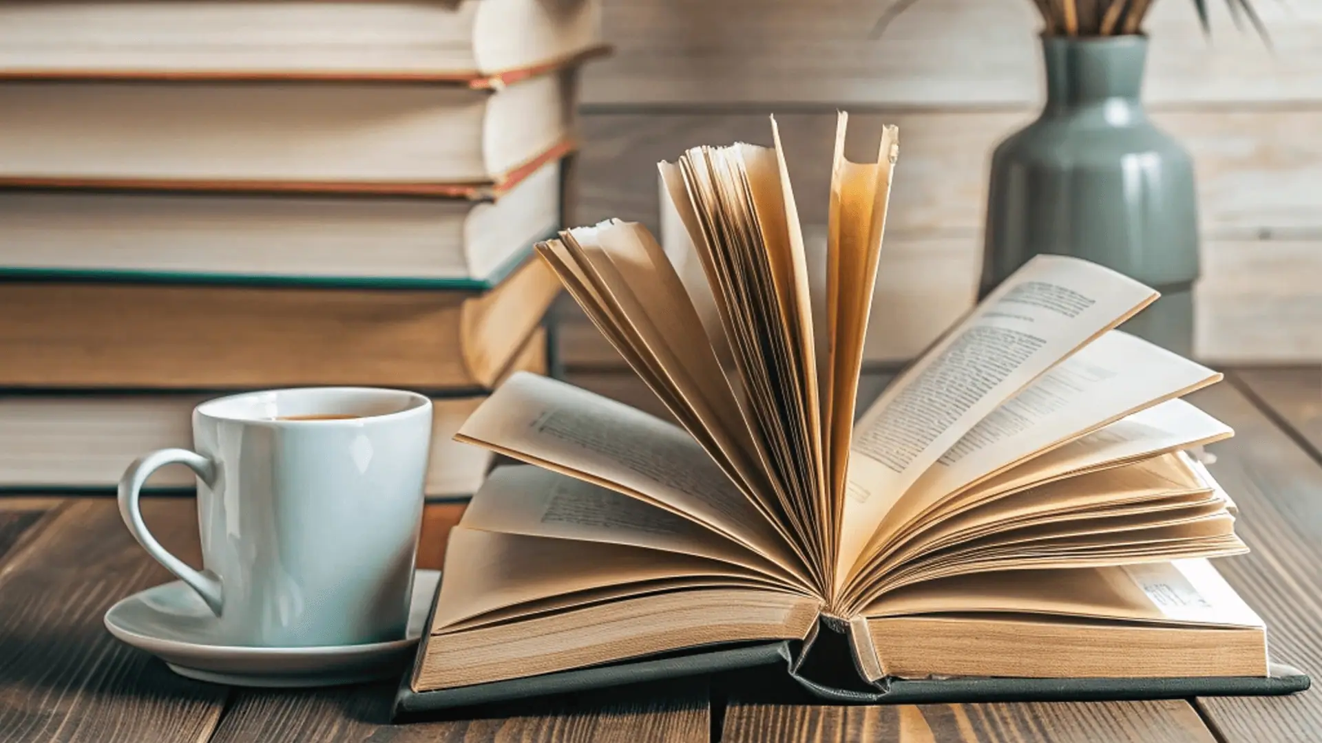 Open book on a wooden table with a white coffee cup beside it, stacks of books and a vase in the background.