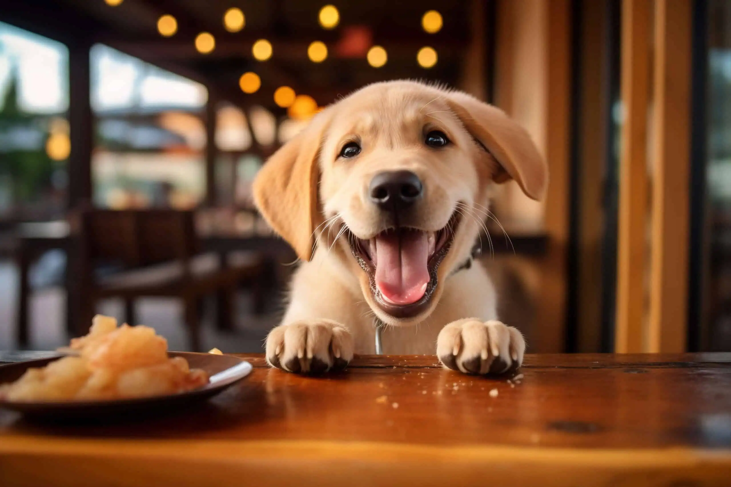 A happy golden retriever puppy with its paws on a wooden table, looking at a plate of food. Warm lights are blurred in the background.