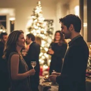 A man and woman smile at each other while holding drinks at a holiday party. A decorated Christmas tree is in the background.