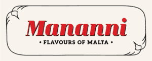 Text logo reading "Mananni, Flavours of Malta" in red and black on a cream background with decorative border corners.